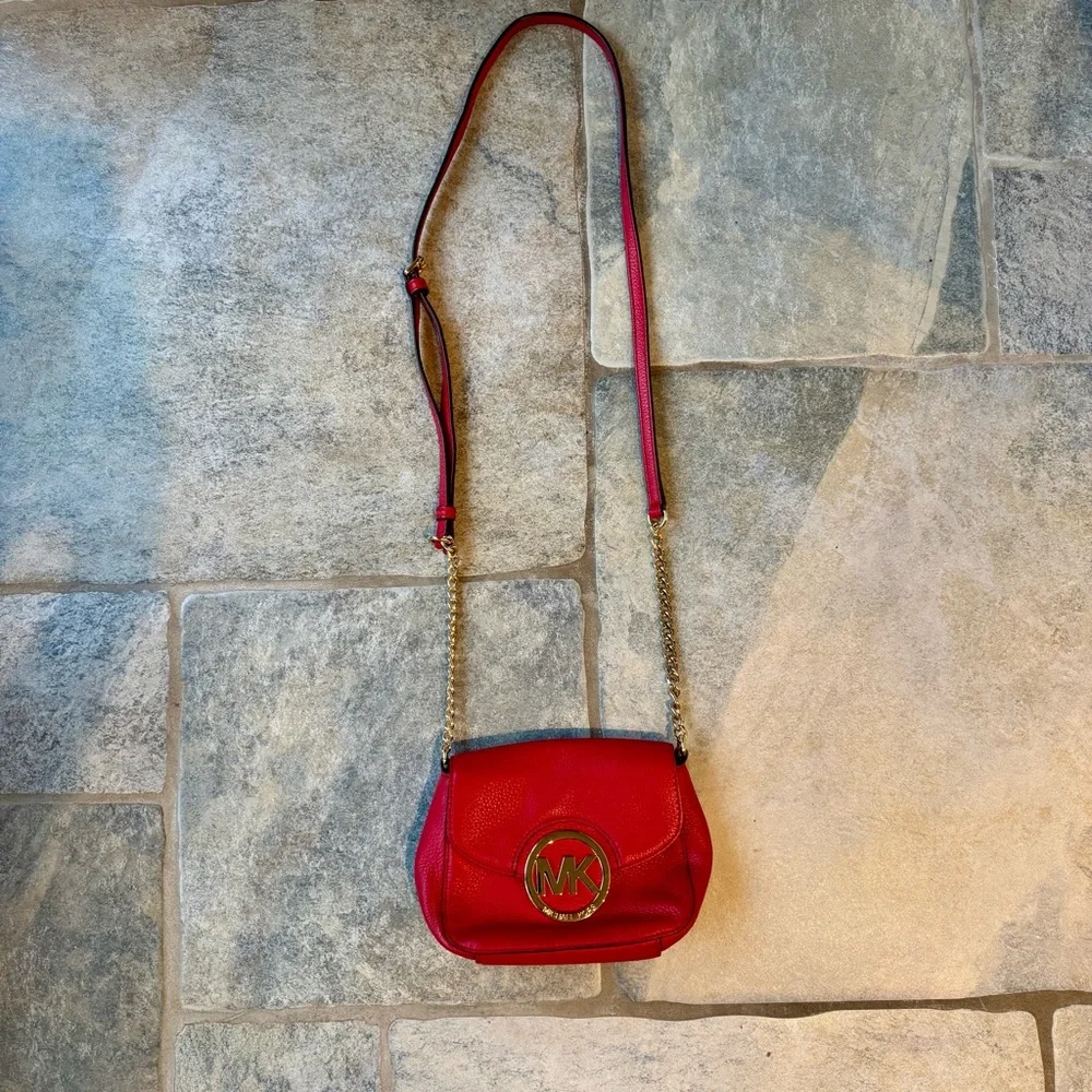Michael Kors‎ Fulton Red and Gold Crossbody Bag with Flap Closure Lipstick